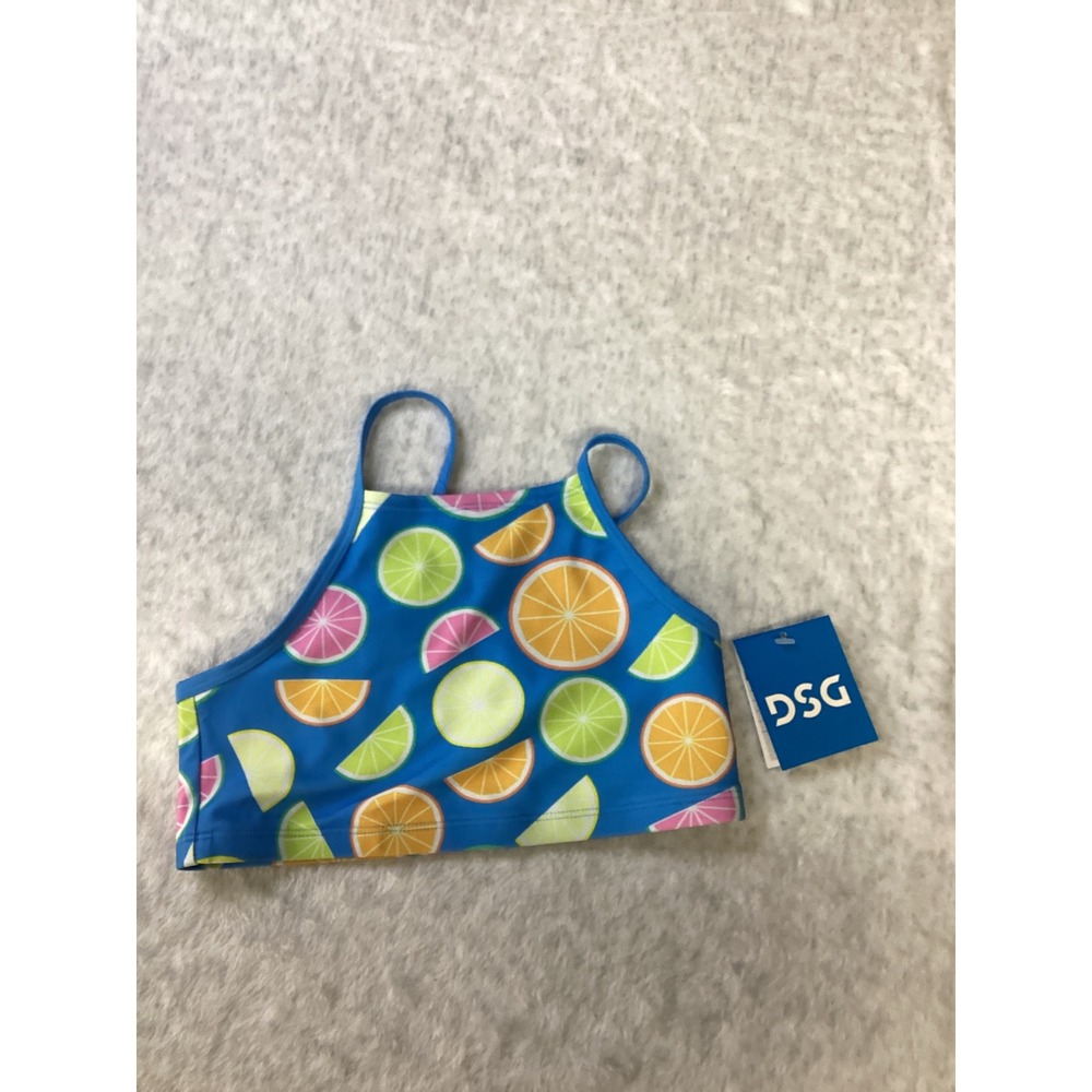 DSG Girls Strappy Halter Swim Top Blue Citrus Fruit Main Squeeze Small NWT